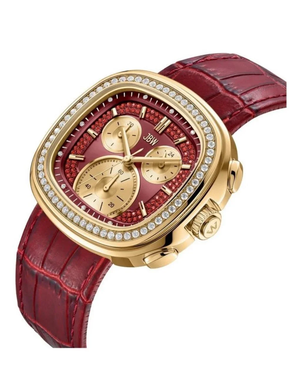 NWT JBW Coast Leather Chronograph GMT Quartz Diamond Red Dial Men's Watch